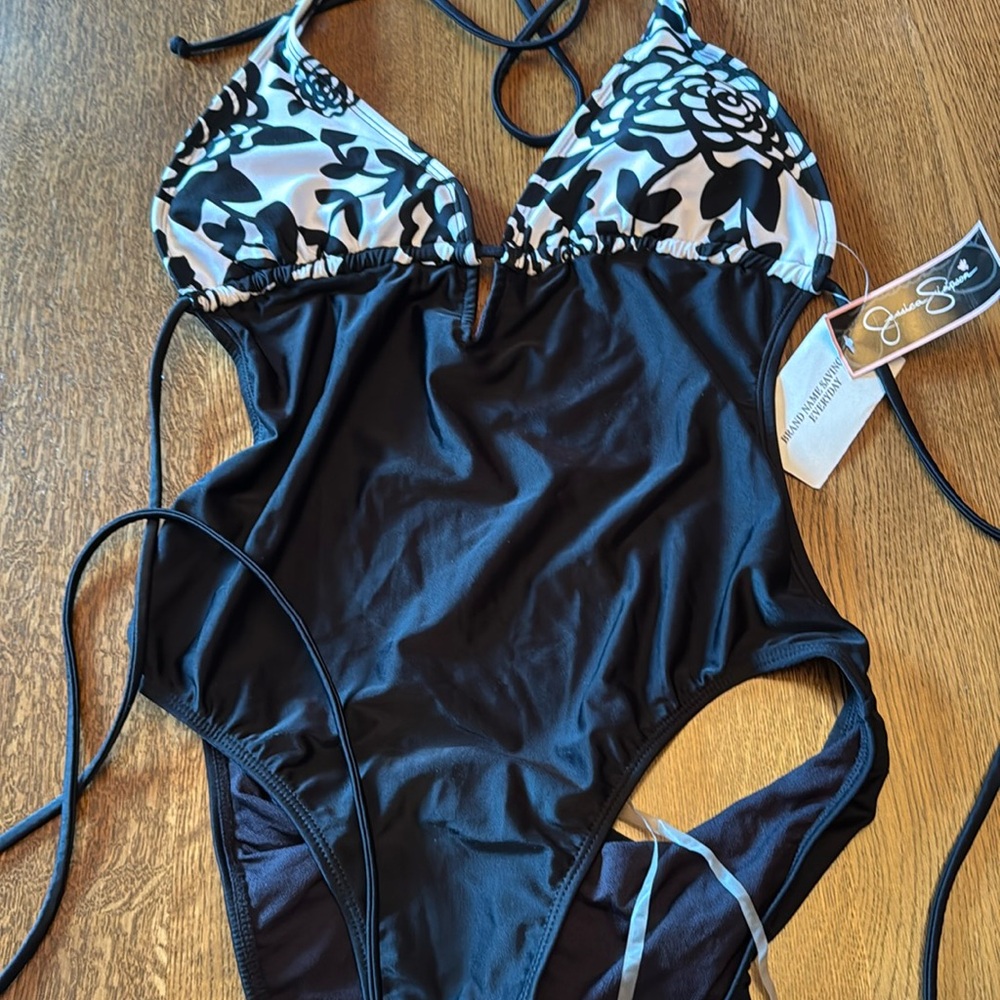 Bathing Suit One Piece Swimming Size 14 Black w/ White